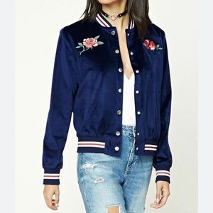Used Forever 21 Velvet Varsity Jacket Heartbreaker Embroidered Rose Flow…